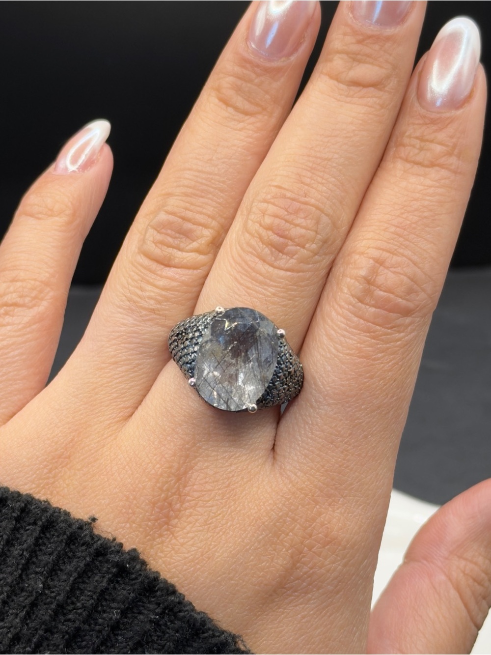 Rutilated Quart with black diamonds sterling 925 ring size 7